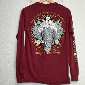Simply Southern Burgundy Gold Elephant Print Long Sleeve Top Womens Size Small